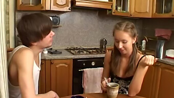 A Caucasian Teen Enjoys A Cup Of Coffee With Fresh Sperm Inside Her Vagina