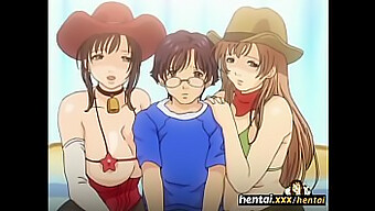 Geek enjoys threesome with two busty anime babes in a steamy hentai video