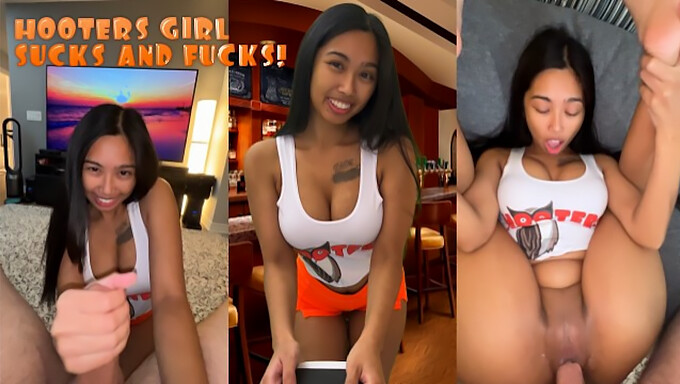 POV συνάντηση με μια σερβιτόρα με καμπύλες Hooters από πίσω